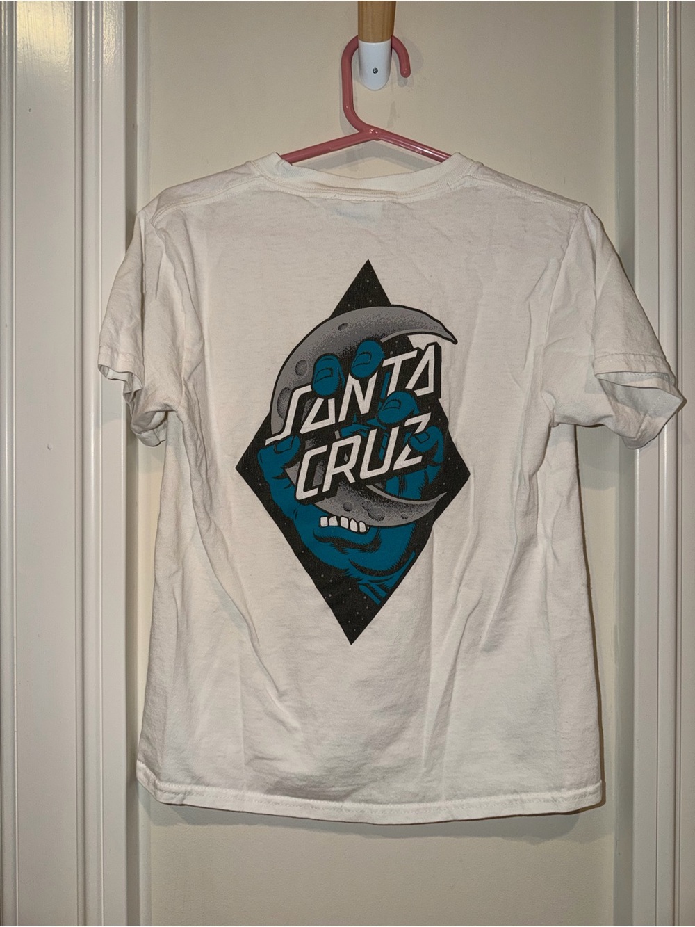Santa Cruz Skateboards White Tee with Blue Moon Hand Graphic